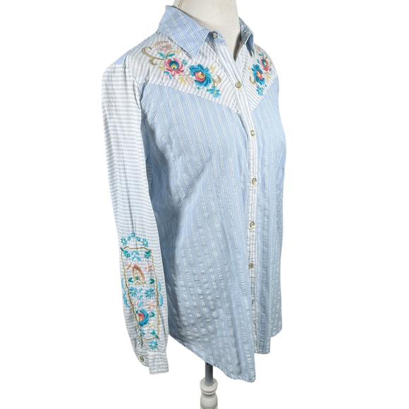 Johnny Was 3J Workshop Western Shirt pearl snap Striped Floral Embroidery Size M - Picture 10 of 11